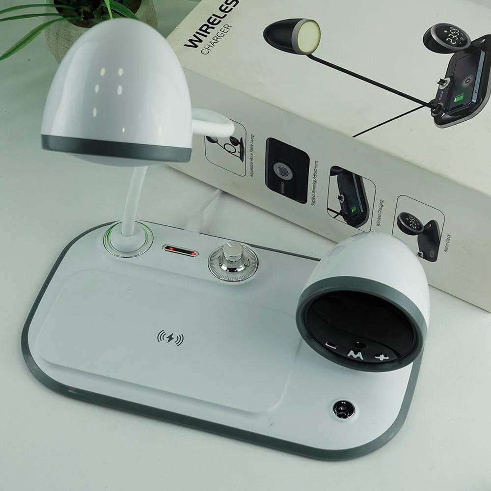 3-in-1 Wireless Charging Station with Adjustable Lamp & Alarm Clock