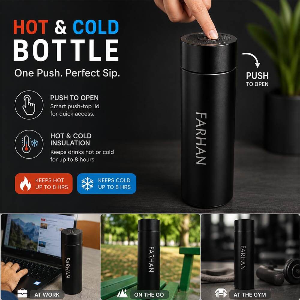 Push Lid Stainless Steel Hot & Cold Bottle Name Engraved
